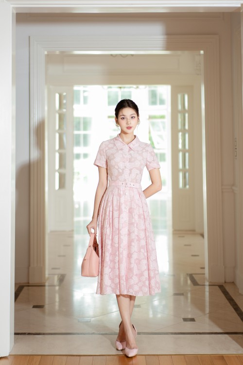 Sixdo Pink Foral Organza Midi Dress